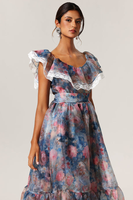 Ermione Blue Floral Maxi Dress with Ruffled Neckline and Lace Detailing