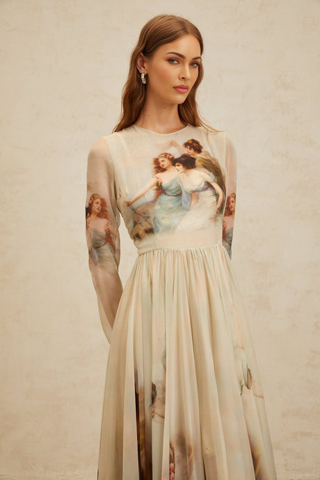 Ermione Maxi Dress - Light Green Graphic Print Round Neck Long Sleeve Shirred Scarf Design Rear Zip Maxi Length