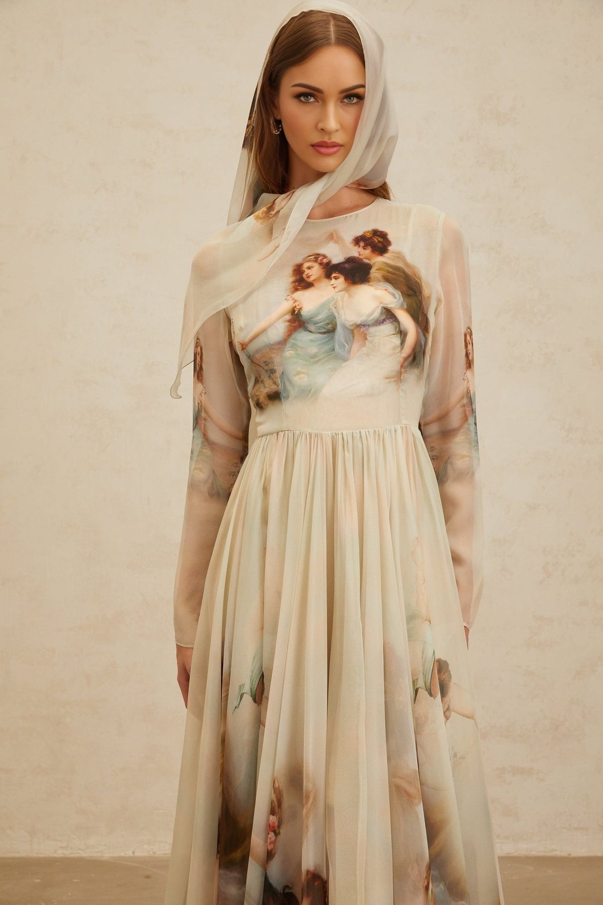 Ermione Maxi Dress - Light Green Graphic Print Round Neck Long Sleeve Shirred Scarf Design Rear Zip Maxi Length