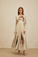 Ermione Maxi Dress - Light Green Graphic Print Round Neck Long Sleeve Shirred Scarf Design Rear Zip Maxi Length