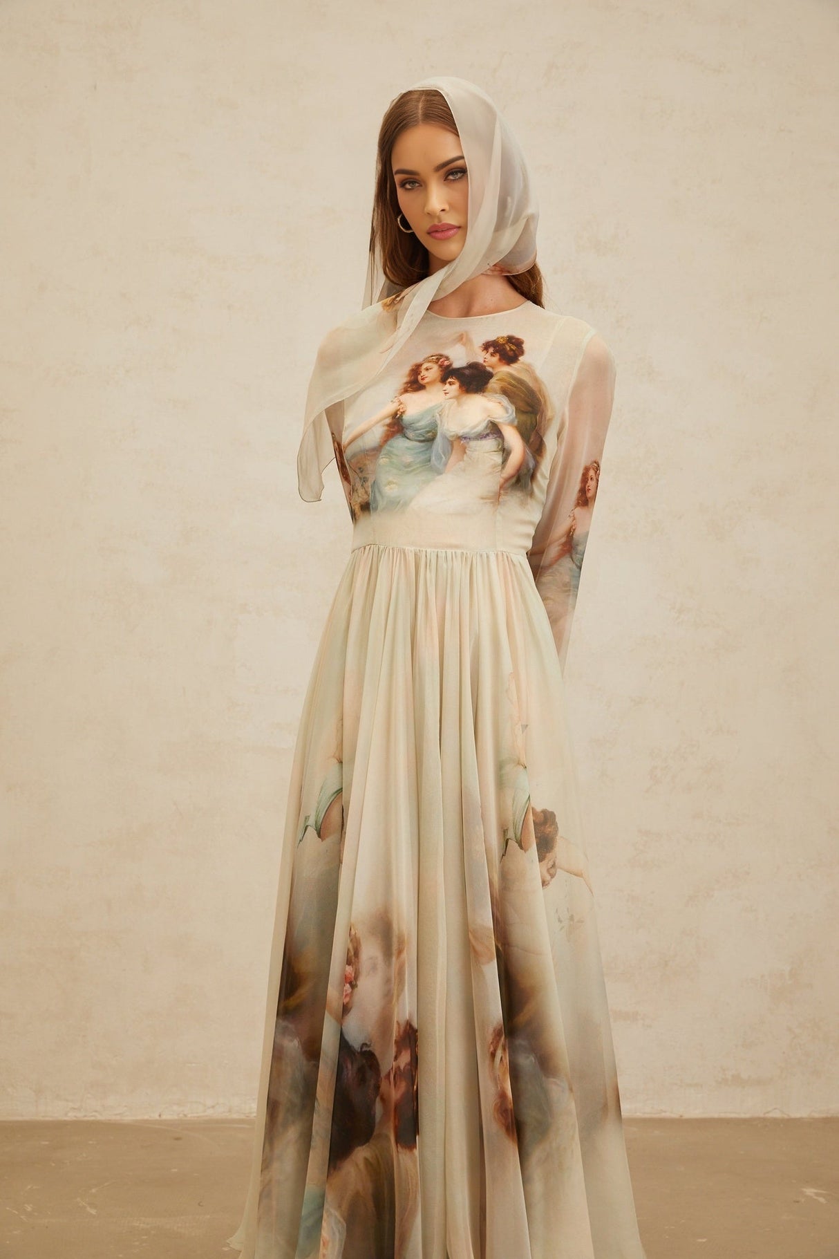 Ermione Maxi Dress - Light Green Graphic Print Round Neck Long Sleeve Shirred Scarf Design Rear Zip Maxi Length