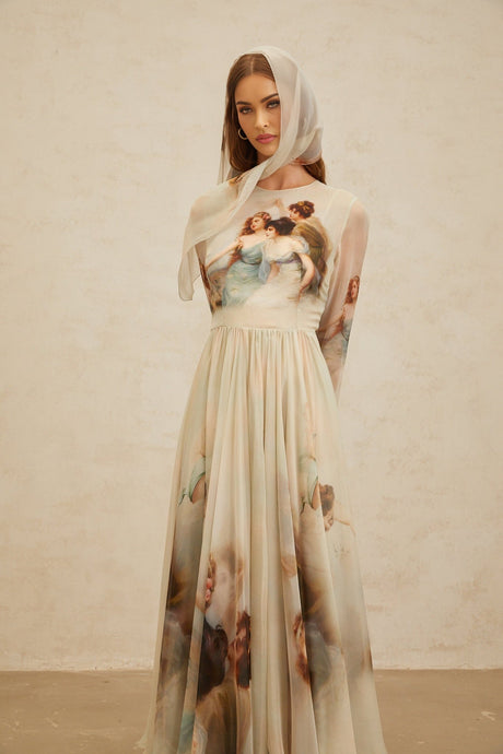 Ermione Maxi Dress - Light Green Graphic Print Round Neck Long Sleeve Shirred Scarf Design Rear Zip Maxi Length