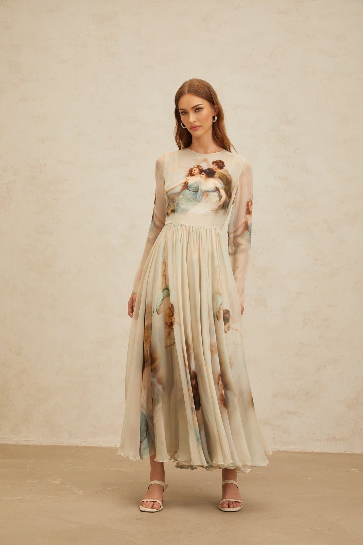 Ermione Maxi Dress - Light Green Graphic Print Round Neck Long Sleeve Shirred Scarf Design Rear Zip Maxi Length