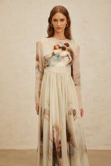 Ermione Maxi Dress - Light Green Graphic Print Round Neck Long Sleeve Shirred Scarf Design Rear Zip Maxi Length