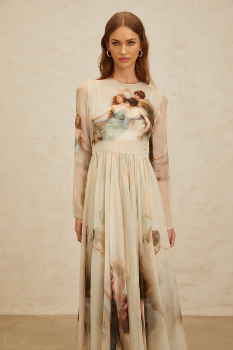 Ermione Maxi Dress - Light Green Graphic Print Round Neck Long Sleeve Shirred Scarf Design Rear Zip Maxi Length