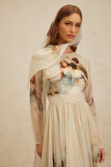 Ermione Maxi Dress - Light Green Graphic Print Round Neck Long Sleeve Shirred Scarf Design Rear Zip Maxi Length