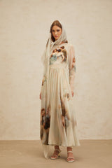 Ermione Maxi Dress - Light Green Graphic Print Round Neck Long Sleeve Shirred Scarf Design Rear Zip Maxi Length