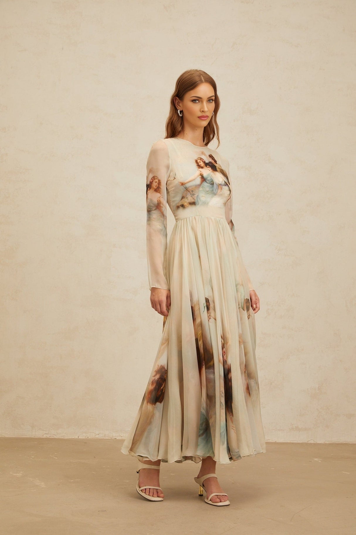 Ermione Maxi Dress - Light Green Graphic Print Round Neck Long Sleeve Shirred Scarf Design Rear Zip Maxi Length