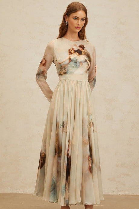 Ermione Maxi Dress - Light Green Graphic Print Round Neck Long Sleeve Shirred Scarf Design Rear Zip Maxi Length