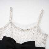 Ermione Mini Dress - Sleeveless Spaghetti Strap Crystal Embellished Bow Detailing Zip Fastening