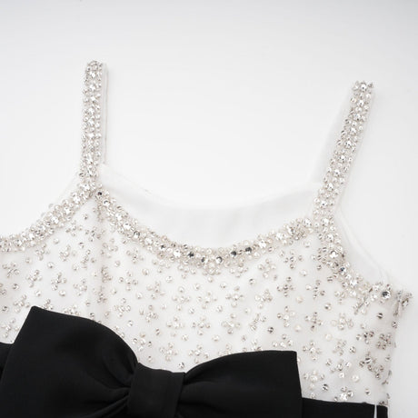 Ermione Mini Dress - Sleeveless Spaghetti Strap Crystal Embellished Bow Detailing Zip Fastening