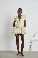 Ermione Mini Dress - V - neck Floral Cinched Waist Pleated Layers Zip Closure Chic Mini Length