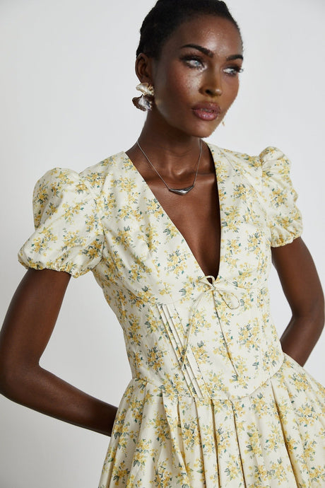 Ermione Mini Dress - V - neck Floral Cinched Waist Pleated Layers Zip Closure Chic Mini Length