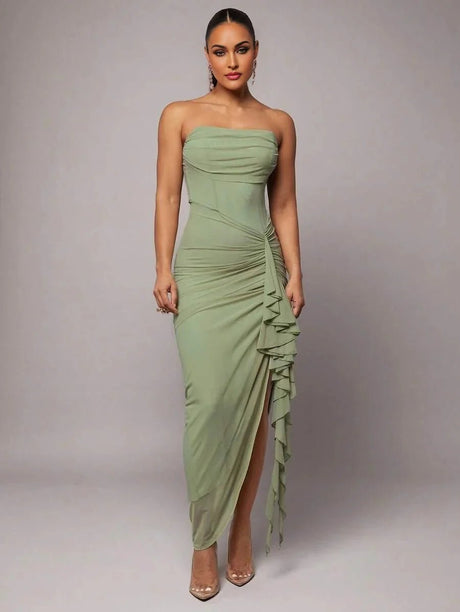 Esme Maxi Dress - Refined Style - Slim Fit - Strapless Neckline - Sleeveless - High Waist Line - Ruched, Zipper, Split Thigh - Modern Look