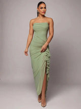 Esme Maxi Dress - Refined Style - Slim Fit - Strapless Neckline - Sleeveless - High Waist Line - Ruched, Zipper, Split Thigh - Modern Look