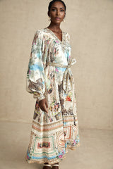 Esme Midi Dress - V - neck Design - Long Puff Sleeves - Belted Waist - Crystal Embellishments - Pattern