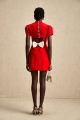 Esme Mini Dress - Crew Neck - Short Petal Sleeves - Bow Detailing - Cut - Out Back