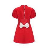 Esme Mini Dress - Crew Neck - Short Petal Sleeves - Bow Detailing - Cut - Out Back