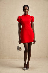Esme Mini Dress - Crew Neck - Short Petal Sleeves - Bow Detailing - Cut - Out Back