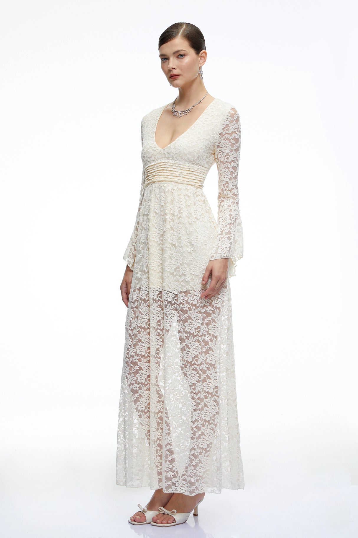 Esme Neutral Long Bell Sleeves Lace Maxi Dress