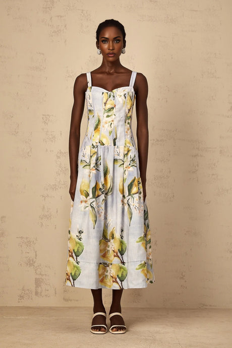 Esmée Blue Cottagecore Shirred Floral Midi Dress