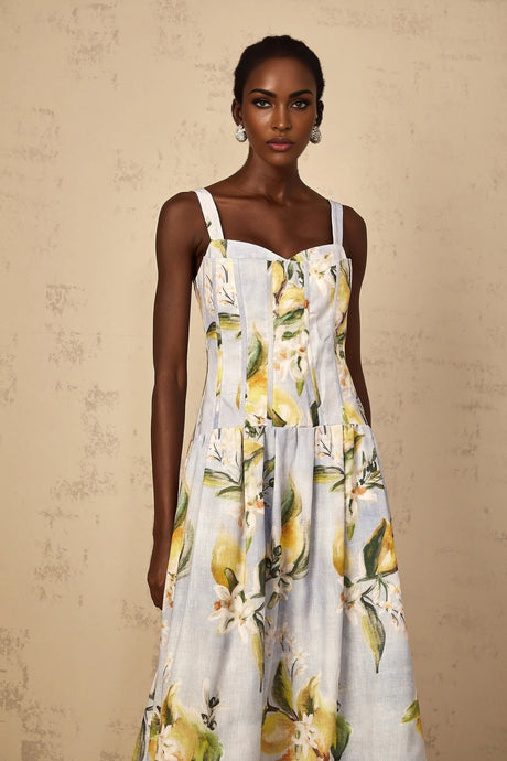 Esmée Blue Cottagecore Shirred Floral Midi Dress