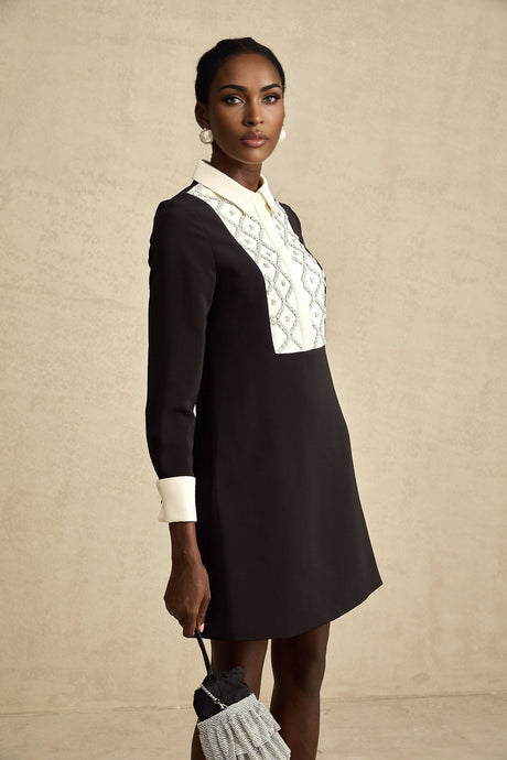 Esmee mini dress with contrasting color details and embellishments on a plain background