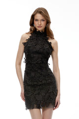 Estelle Black High Neck Lace Mini Dress