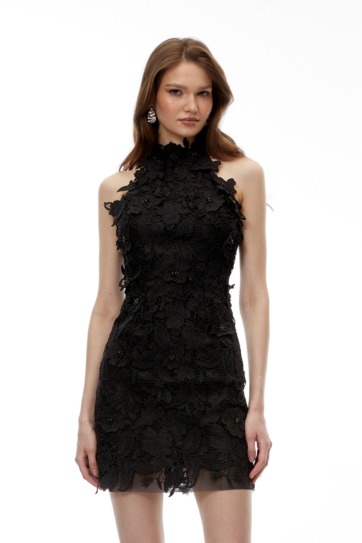 Estelle Black High Neck Lace Mini Dress