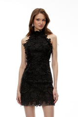 Estelle Black High Neck Lace Mini Dress