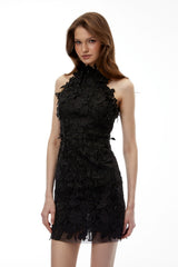 Estelle Black High Neck Lace Mini Dress