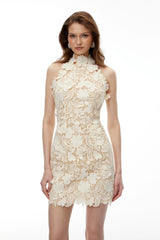 Estelle Neutral High Neck Lace Mini Dress