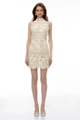 Estelle Neutral High Neck Lace Mini Dress