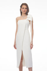 Estelle White Off Shoulder Satin Midi Dress with Bow