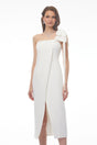Estelle White Off Shoulder Satin Midi Dress with Bow