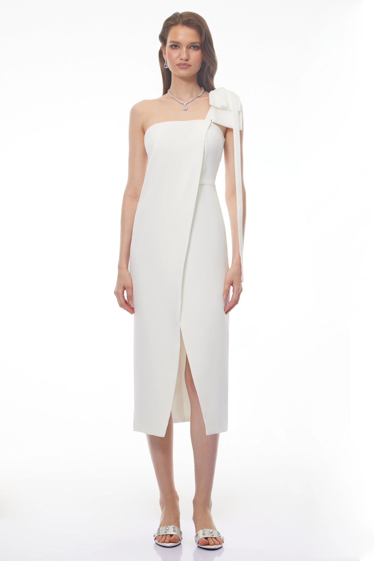 Estelle White Off Shoulder Satin Midi Dress with Bow