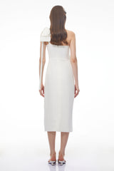 Estelle White Off Shoulder Satin Midi Dress with Bow