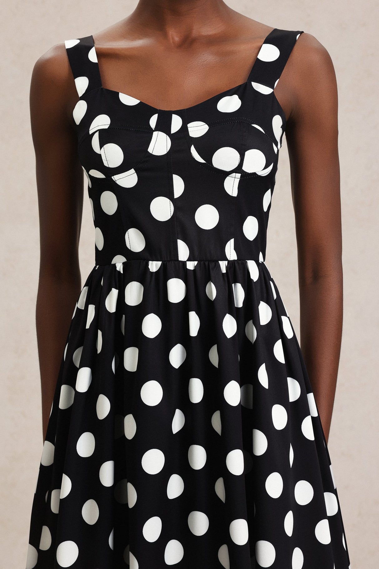 Ester Black Dotted Midi Dress Lightweight Fabric Sophisticated Waist Detailing
