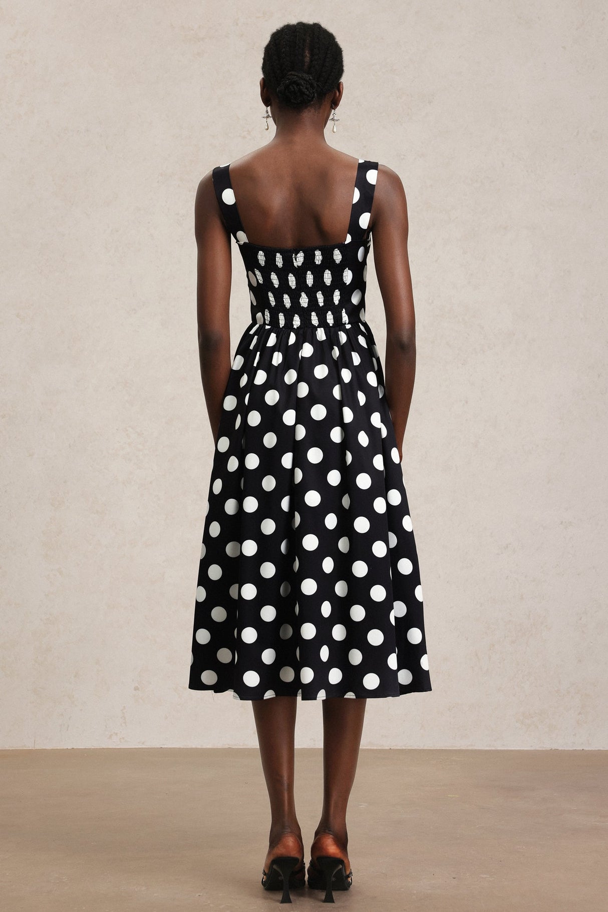 Ester Black Dotted Midi Dress with Flattering Neckline and Delicate Straps