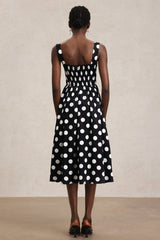 Ester Black Dotted Midi Dress with Flattering Neckline and Delicate Straps