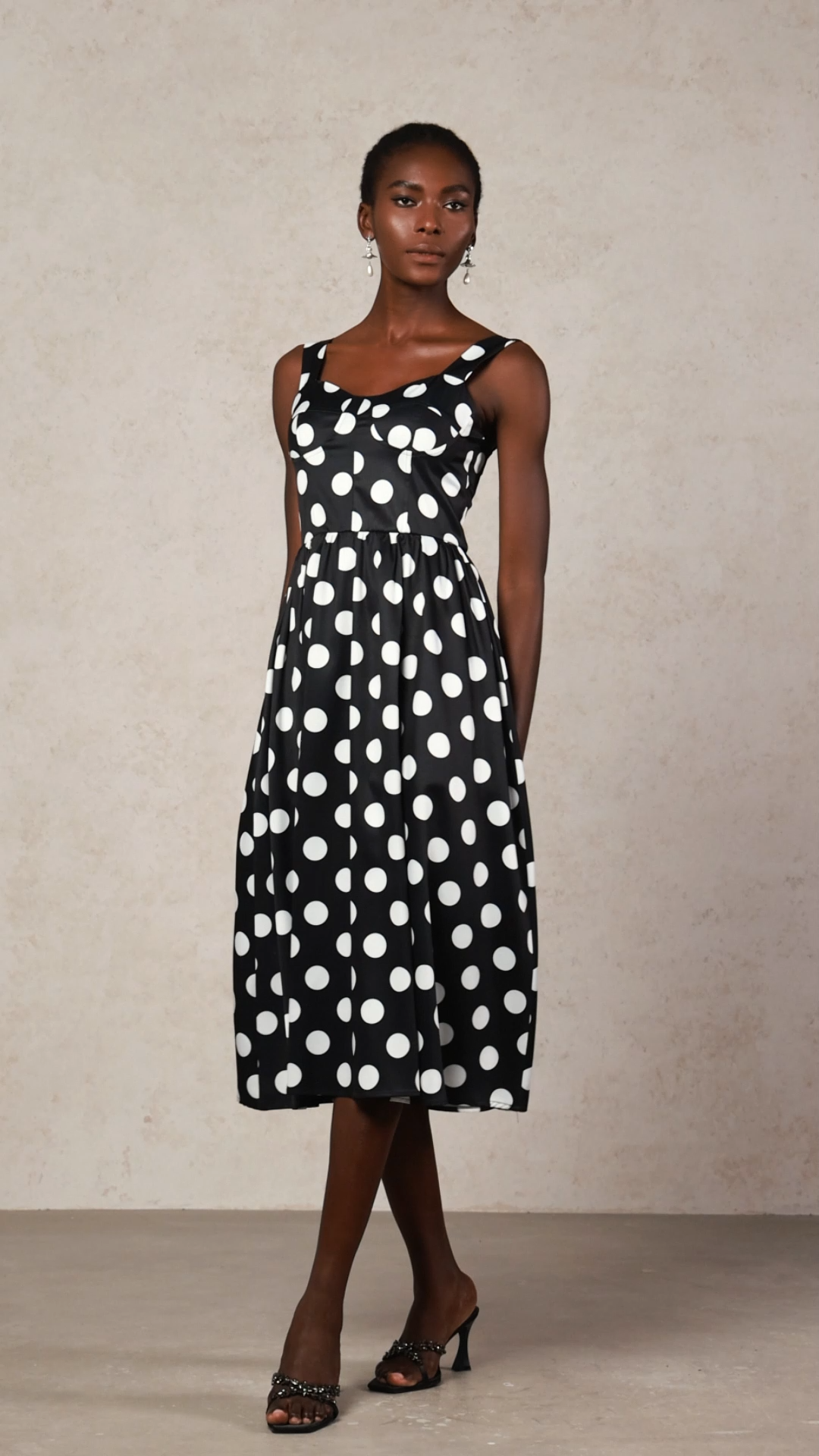 Ester Black Dotted Midi Dress with Flattering Neckline and Delicate Straps