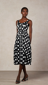 Ester Black Dotted Midi Dress with Flattering Neckline and Delicate Straps