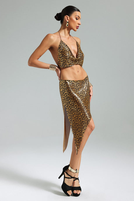 Ester Gold Leopard Print Metal Halter Neckline Asymmetrical Skirt Dress
