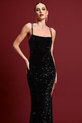Esther Black Sequin High Slit Dress