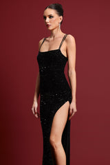 Esther Black Sequin High Slit Dress