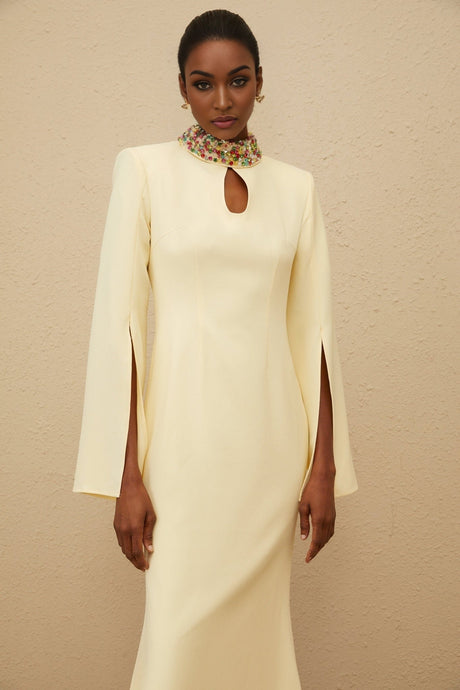 Esther Gown - Mock Neck - Split Sleeves - Fitted Waist - Keyhole Detailing - Bead & Crystal Embellishment