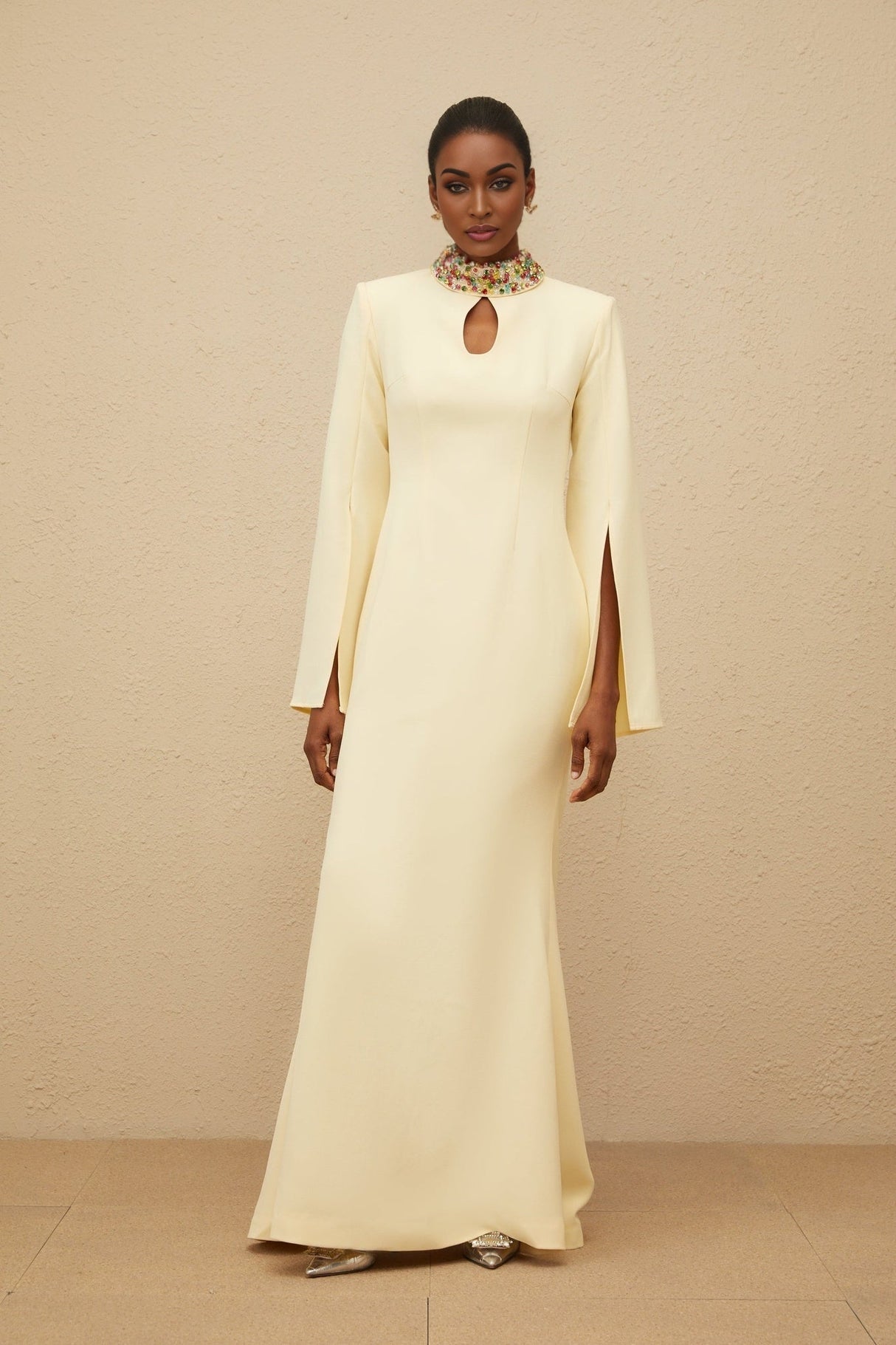 Esther Gown - Mock Neck - Split Sleeves - Fitted Waist - Keyhole Detailing - Bead & Crystal Embellishment