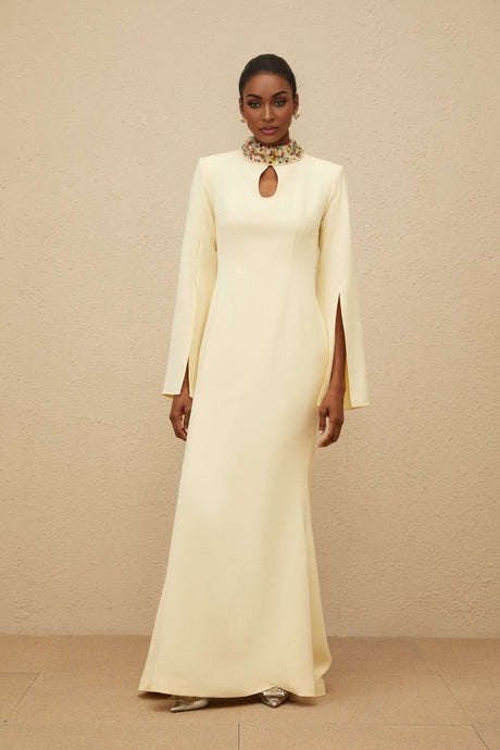 Esther Gown - Mock Neck - Split Sleeves - Fitted Waist - Keyhole Detailing - Bead & Crystal Embellishment