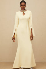 Esther Gown - Mock Neck - Split Sleeves - Fitted Waist - Keyhole Detailing - Bead & Crystal Embellishment