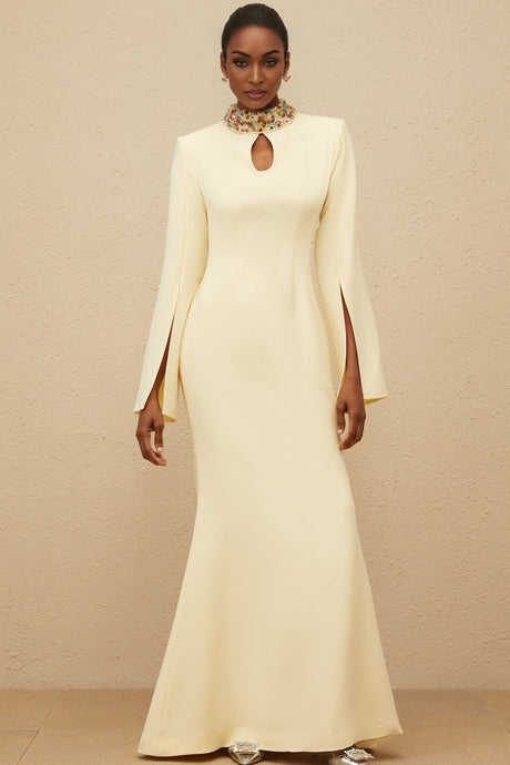 Esther Gown - Mock Neck - Split Sleeves - Fitted Waist - Keyhole Detailing - Bead & Crystal Embellishment